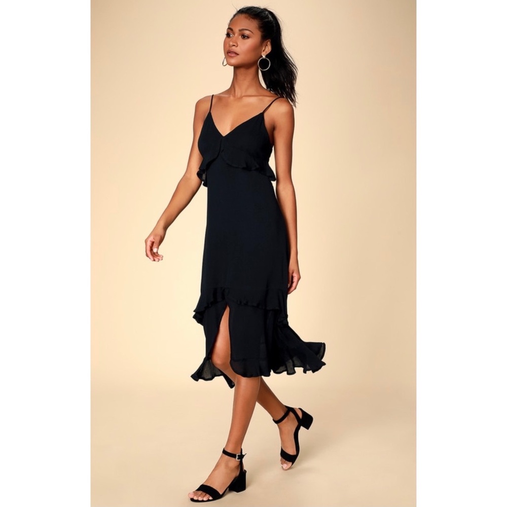 Lulu’s Island Time Black Ruffled Midi Dress